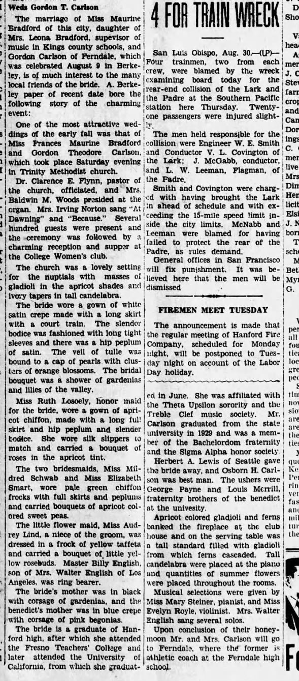 Clipping from The Hanford Sentinel